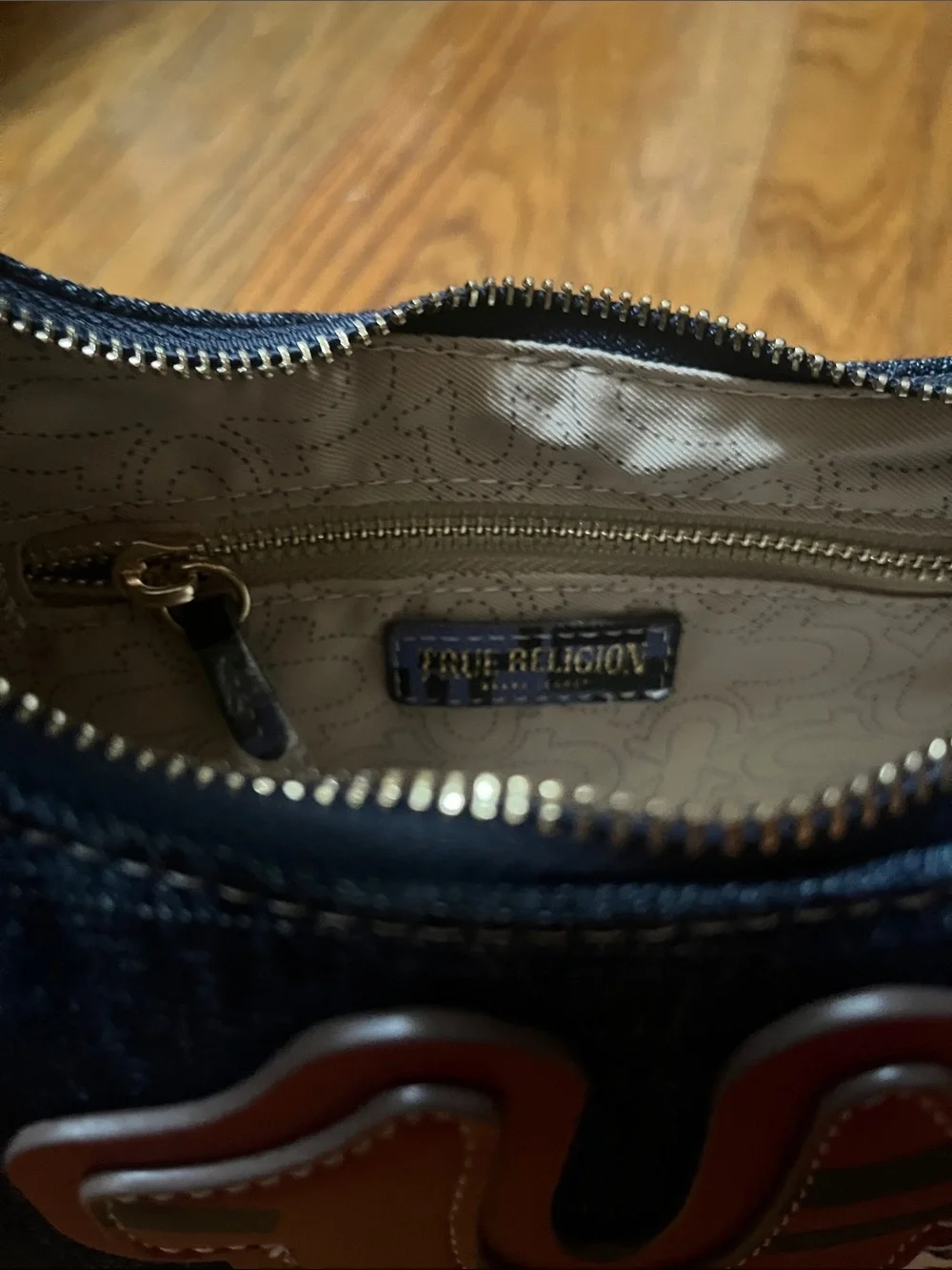 NWT True Religion Denim Shoulder Bag with Red Crest and Two Charms
